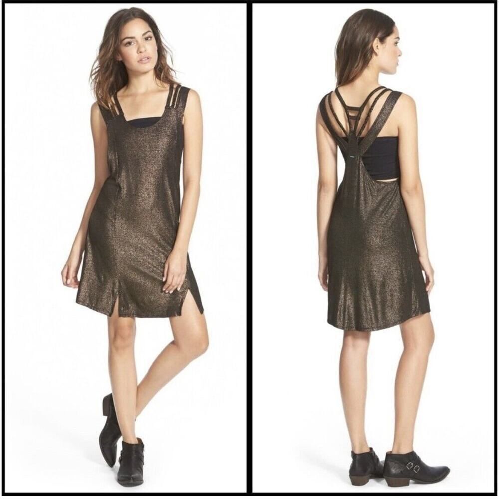 $58 RVCA Gold Blitz Strappy Mini Dress NEW Metallic Copper Shimmer Stretch M